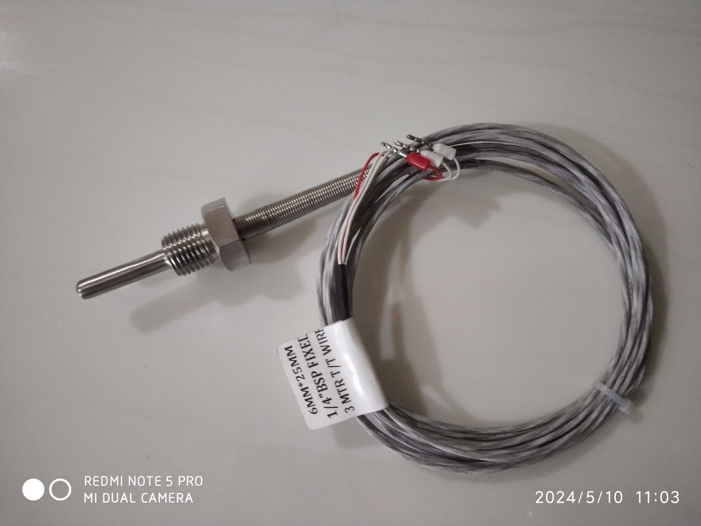 Temperature Sensor PT 100  Size 6 x 25mm Long(1/4 BSP Connection) With 3 meter PTFE Coated Cable- For Reactor Vessel and Fermenter and Bioreactor